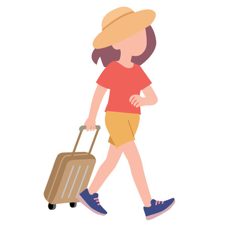 A young woman travels with a suitcase. Young Woman with a suitcase goes on vacation. Woman character carrying luggage in the airport. Travel concept.のイラスト素材