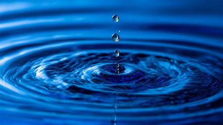 A close-up shot shows water droplets falling into a body of water, creating concentric ripples on the surface. Water droplet impact showing ripple effect and reflection in the water surface.の素材