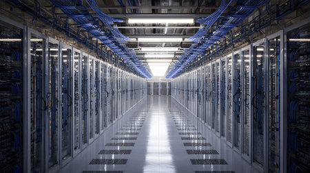 Futuristic data center corridor with illuminated server racks. Advanced data center with glowing white server racks in a dark hallway. Ideal for cloud computing, cybersecurity, and advanced IT solutions. advanced cooling systems for optimal data center performance.の素材