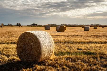 Cylindrical hay stacks gathered in a rural field. Gathered grain plants. Rolled straw bales scattered across the farmland. Cylindrical hay stacks.の素材