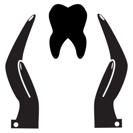 Dental treatment silhouette icon. Dentistry black symbol. Stomatology protection sign. Tooth and human hand pictogram. flat style.のイラスト素材
