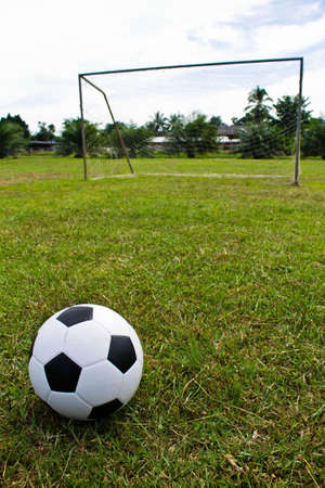 Soccer ball on the green fieldの写真素材