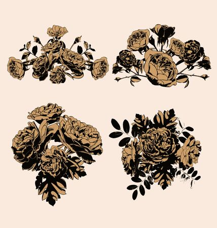 Vector illustration of silhouette rose set,border,frame and corner designのイラスト素材