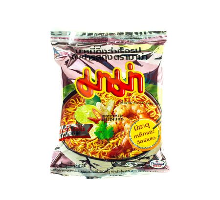 SURATTHANI, THAILAND APRIL 26, 2016.Ma Ma brand of instant noodles isolated on white background.のeditorial素材
