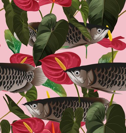 Illustration of flamingo flower and fish seamless patternのイラスト素材