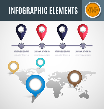 Infographics world map template. Vector illustration. Can be used for workflow layout, diagram, business step options, banner, web design.のイラスト素材