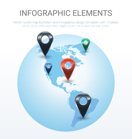 vector world map illustration and infographics design template with markers.Can be used for workflow layout,banner,diagram,number,step up options,web design,timeline.のイラスト素材