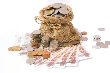 Money coins in bag isolated on whiteの写真素材
