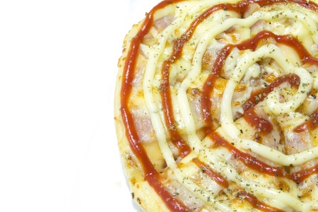 fresh pizza with pbacon isolated on white backgroundの写真素材