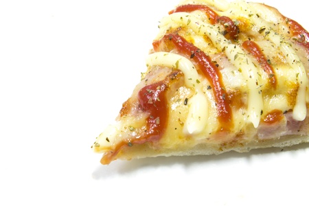 Slice of fresh pizza with pbacon isolated on white backgroundの写真素材