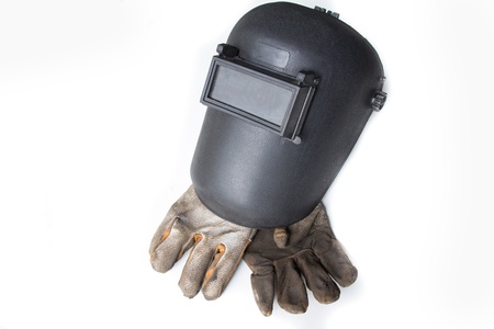Welding mask and gloves on white backgroundの写真素材