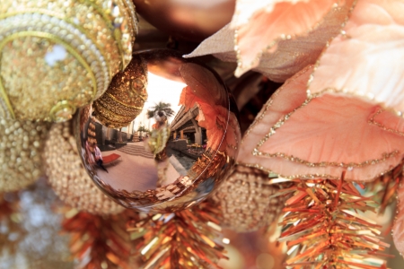 Christmas leaf and ball decoration on Christmas tree.の写真素材