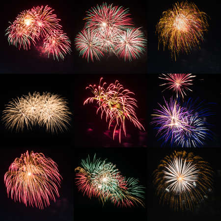 Beautiful colorful holiday fireworks on the black sky background, long exposureの写真素材