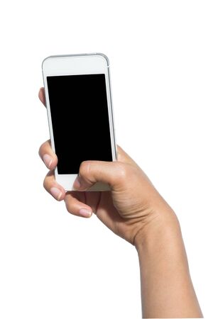 Hand holding touch screen mobile phone. Isolated on white.の写真素材