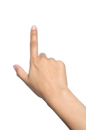 female hand touching or pointing to something on the isolated backgroundの写真素材