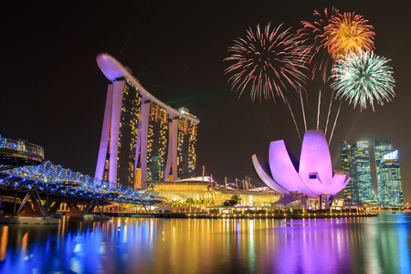 Fireworks over Marina bay in Singapore on national day fireworks celebrationのeditorial素材