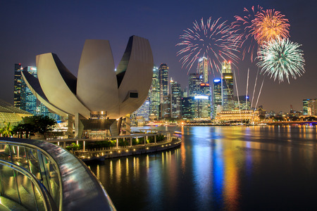 Fireworks over Marina bay in Singapore on national day fireworks celebrationのeditorial素材