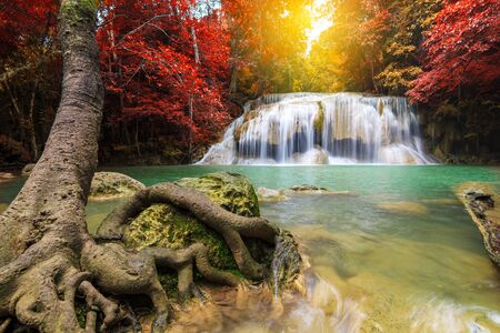 Waterfalls In Deep Forest at Erawan Waterfall in National Park Kanchanaburi Thailandの写真素材