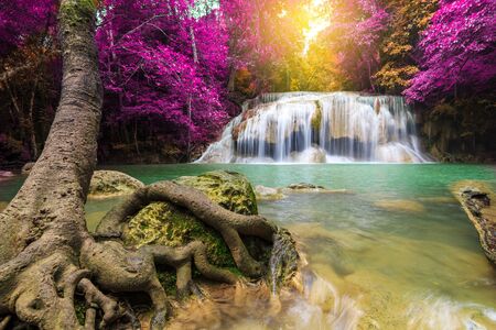 Waterfalls In Deep Forest at Erawan Waterfall in National Park Kanchanaburi Thailandの写真素材