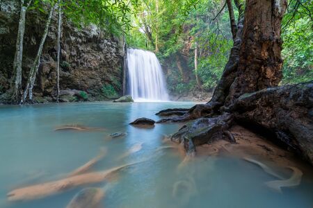 Waterfalls In Deep Forest at Erawan Waterfall in Thailandの写真素材