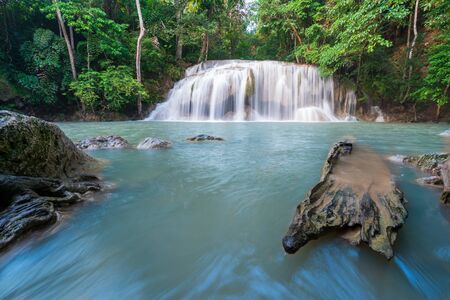 Waterfalls In Deep Forest at Erawan Waterfall in Thailandの写真素材