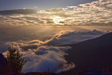 Sunrise and The sea of fog in the mountains at Chiang Mai, Thailand.