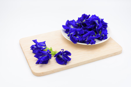 Butterfly pea flower in a cup on wooden plate on white background.の写真素材