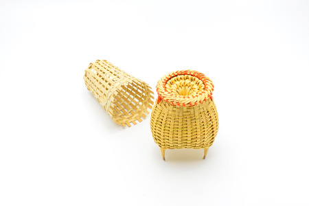 Fishing creel, basketwork made from bamboo isolated on white backgound, in Thailand.の写真素材