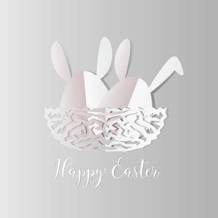 Easter bunnies in easter eggs on nest egg on gray background, paper cut style design by Vector illustration EPS 10.のイラスト素材