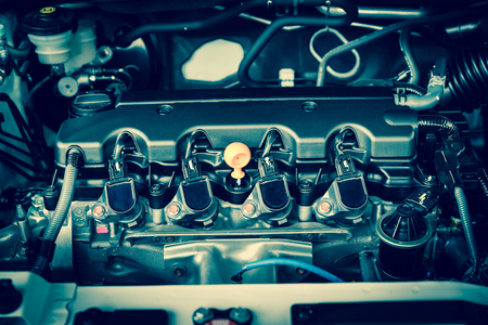 The powerful engine of a car. Internal design of engine with combustion and valve in dark toneの写真素材