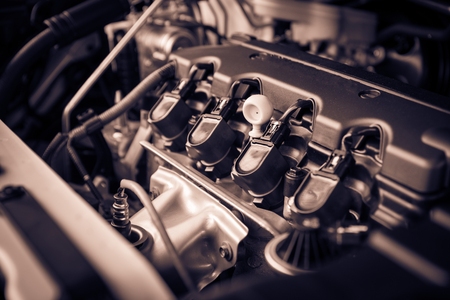 The powerful engine of a car. Internal design of engine with combustion and valve in dark toneの写真素材