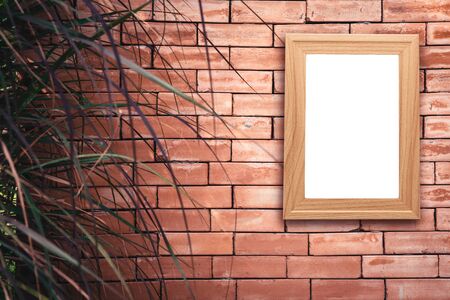 Old brick wall background texture decorative with grass on vintage tone