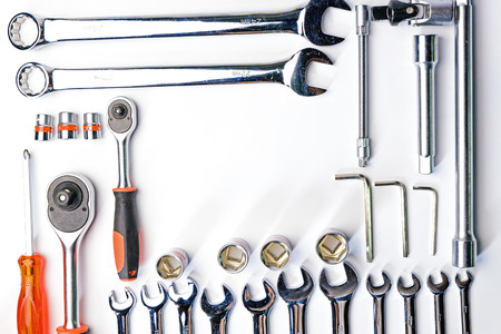 Top view of Working tools,wrench,socket wrench,hammer,screwdriver,plier,electric drill,tape...