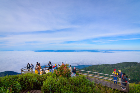 Chiang mai, Thailand - NOV 29 2017: Tourist arrivals unidentified taking picture with mist at Kew Mae Pan Natural trail at Doi intanon national park.のeditorial素材