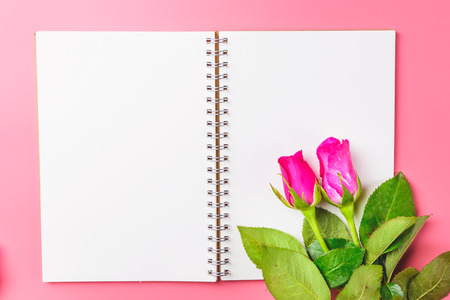 Pink roses decorative with blank notepad on top view flat lay for your textの写真素材