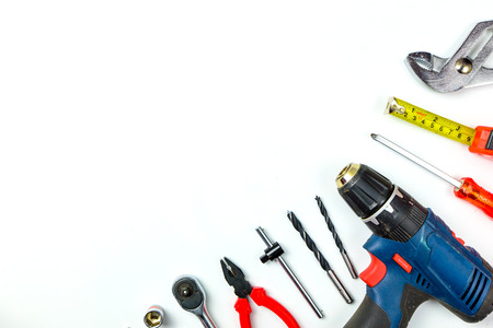 Set of construction tools on white background as wrench, hammer, pliers, socket wrench, spanner,...