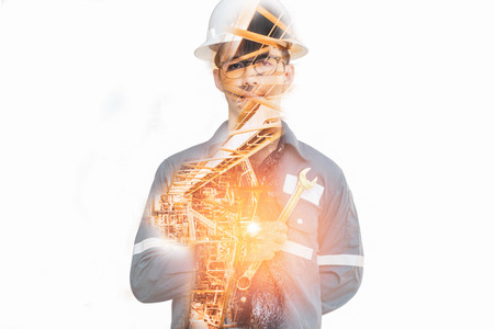 Double exposure of Engineer or Technician man with safety helmet operated platform or plant by using...