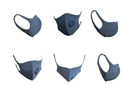 Group of Gray Surgical Masks (Face Masks) medical mask isolate on White . Face protection against pollution, virus, flu and coronavirus. Health care and surgical concept.の写真素材