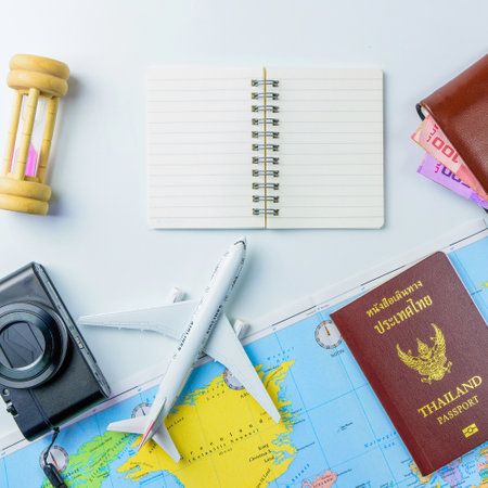 Travel accessories costumes concept for summer vacation trip. Thailand Passports, luggage, map, smartphone,camera, note pad, jean on white.の写真素材
