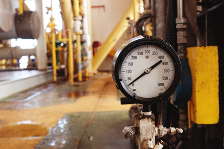 Pressure gauge  in industrial plant, Oil and gas pressure gauge in factory for industry concept.の写真素材