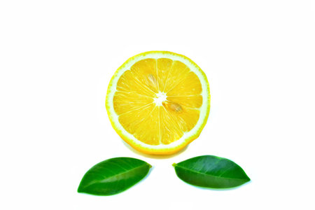 Lemon fruit, yellow and green leaves  Sour flavor. Sliced. Cut in half. Suitable for cooking.  isolated on white backgroundの写真素材