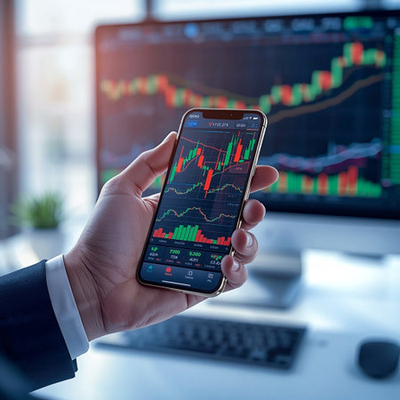 Businessman analyzing stock market data on smartphone with trading charts, financial graph on...