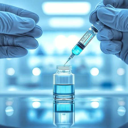 A close-up of a syringe drawing blue vaccine from a glass vial in a modern laboratory, symbolizing medical innovation, healthcare, and scientific research.の素材