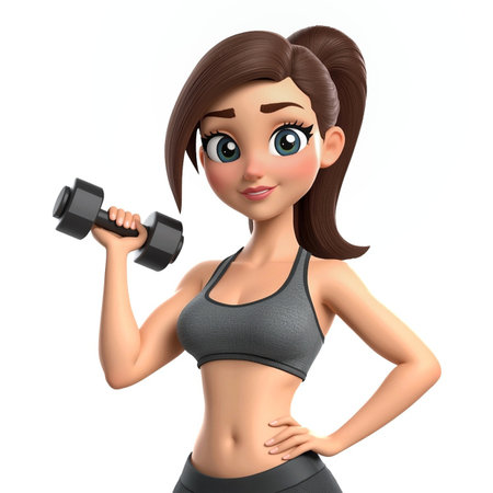 A 3D cartoon fitness girl starts her day with a dumbbell workout, smiling with confidence and full of positive energy on a white background â ready to achieve her healthy lifestyleの素材