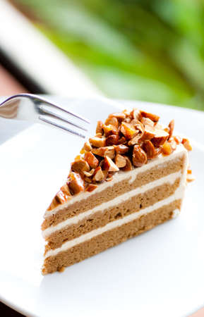 coffee almond cake on white dish with fork の写真素材