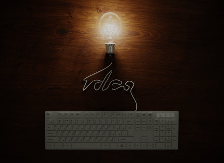 3d render of Lamp of Idea with Keyboardの写真素材