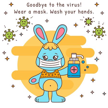 Cute kawaii rabbit bunny cartoon character wearing medical mask with sanitizer. Cleaning hands with hand sanitizer alcohol gel to protect against coronavirus (COVID-19) vector illustration concept.のイラスト素材
