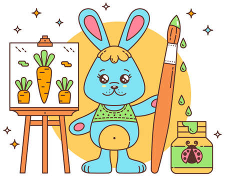 Cute kawaii cartoon Bunny Rabbit with easel and paint brush. Bunny Rabbit draws a yummy carrot. Grain texture. Beautiful kawaii bitmap illustration for greeting card / poster / sticker.のイラスト素材