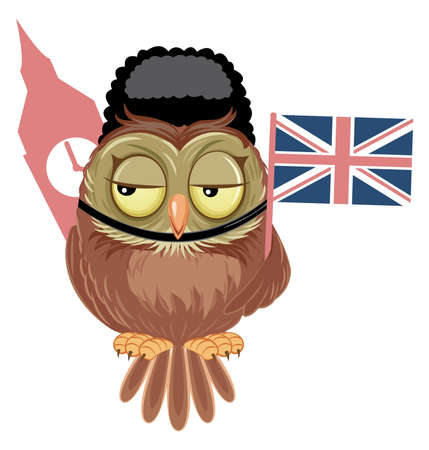 Cute Cartoon Owl with England Flag and Big Ben. Cartoon Vector Illustration for Web, Icons, Poster, Banner, Sticker, T-Shirt.のイラスト素材