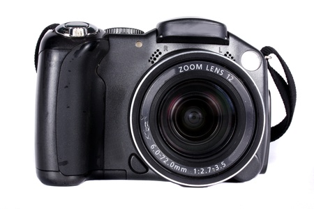 A digital camera with 12x zoom lens, isolated on white background.の写真素材